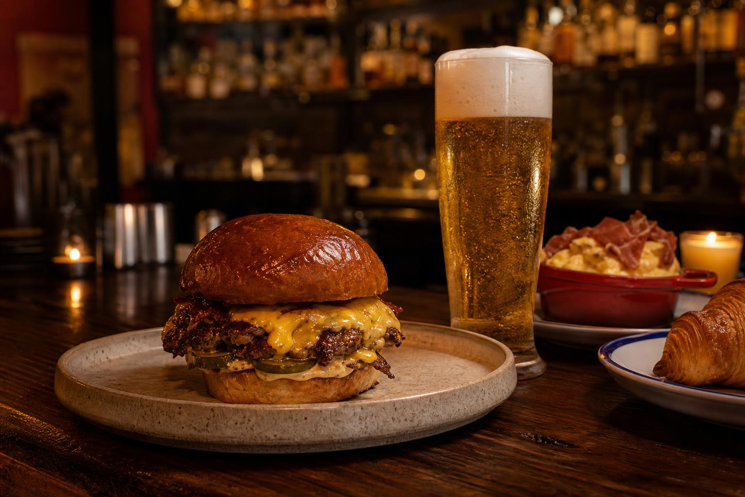 Mesa de Santolia con brunch, hamburguesa artesanal y cerveza dorada sobre madera rústica